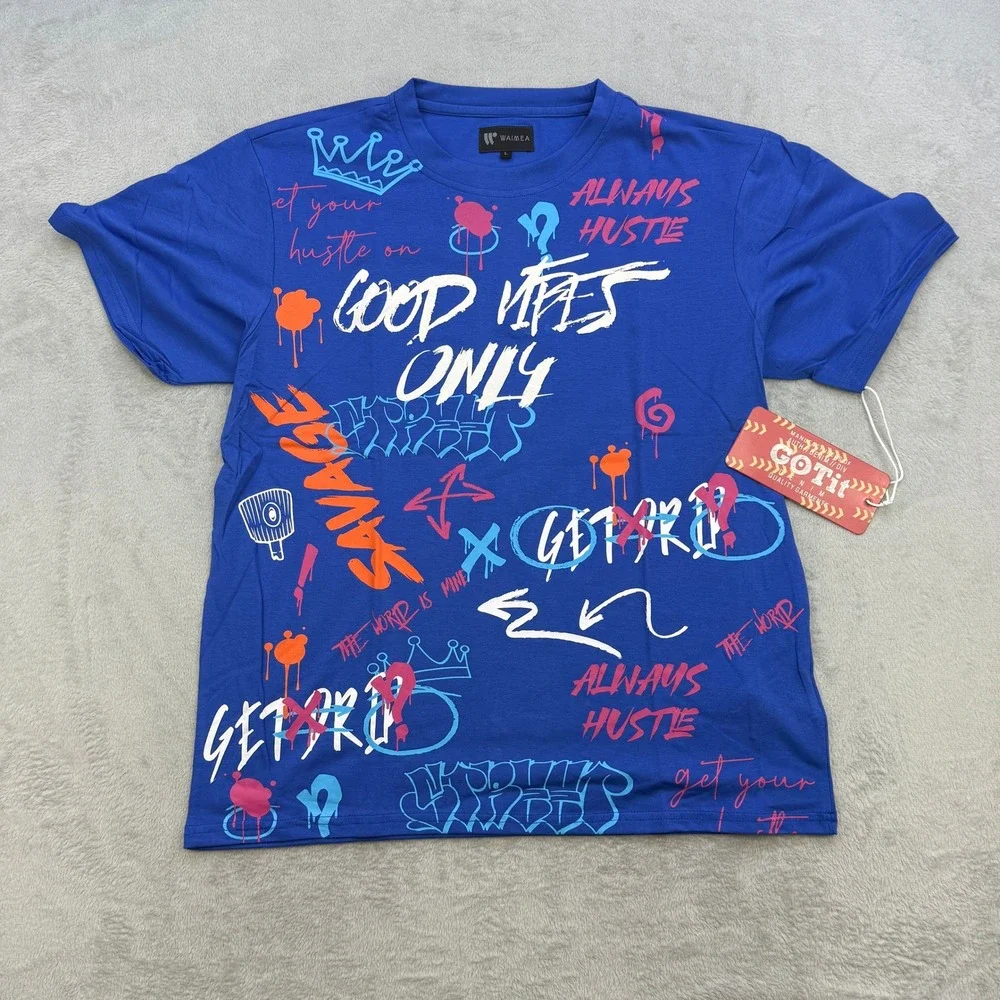 Waimea T Shirt Mens Large Blue Graffiti Good Vibes Only Savage Streetwear Tee